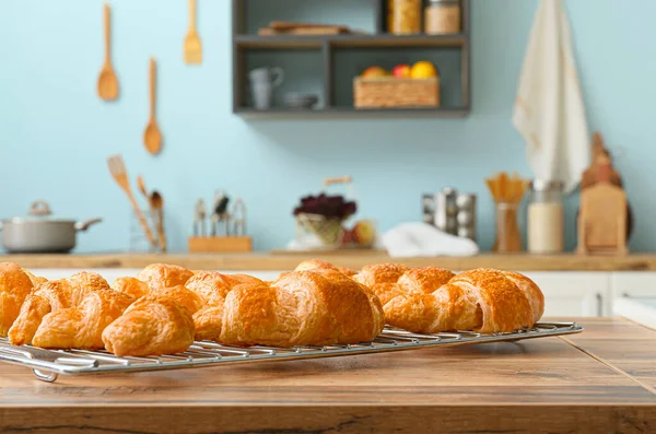 Baking Grid Croissants Wooden Table Top Kitchen — стоковое фото
