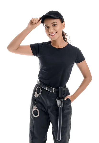 Sonriente Mujer Afroamericana Guardia Seguridad Sobre Fondo Blanco —  Fotos de Stock