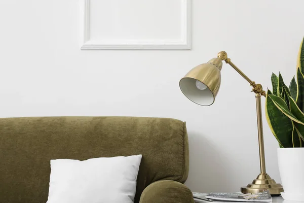 Golden Lamp Magazines Houseplant Stylish Living Room — Zdjęcie stockowe