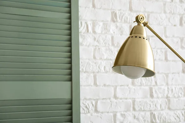 Golden Standing Lamp Folding Screen White Brick Wall Closeup — Stock Fotó