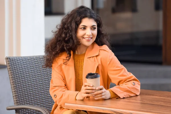 Beautiful Woman Drinking Tea Street Cafe — Stock Photo, Image