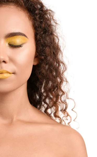 Beautiful African American Woman Makeup Yellow Tones White Background — Stock Photo, Image