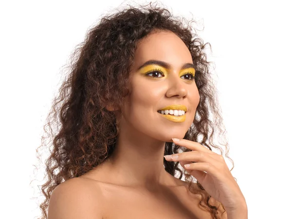 Beautiful African American Woman Makeup Yellow Tones White Background — Stock Photo, Image
