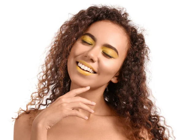 Beautiful African American Woman Makeup Yellow Tones White Background — Fotografia de Stock