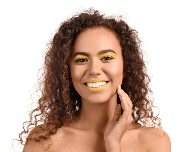 Beautiful African American Woman Makeup Yellow Tones White Background — Stock Fotó