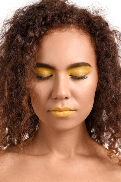 Beautiful African American Woman Makeup Yellow Tones White Background — стоковое фото