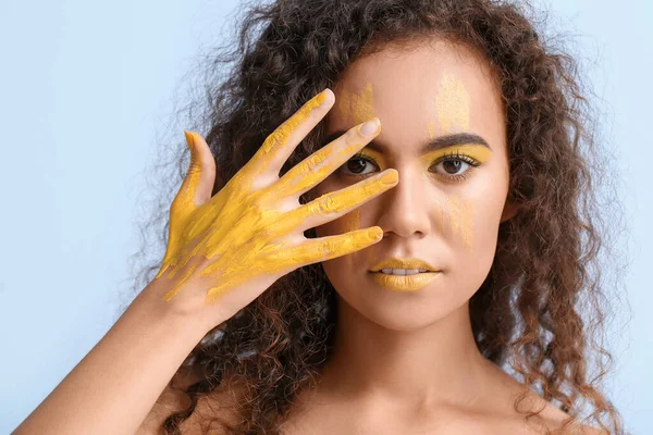 Beautiful Young Woman Yellow Paint Her Face Body Color Background — Stock Photo, Image