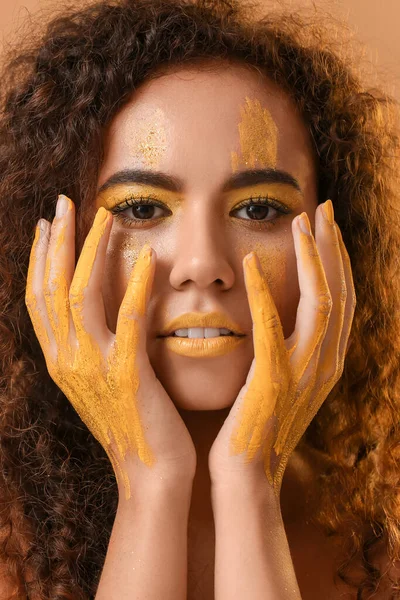 Beautiful Young Woman Yellow Paint Her Face Body Color Background — Stock Photo, Image