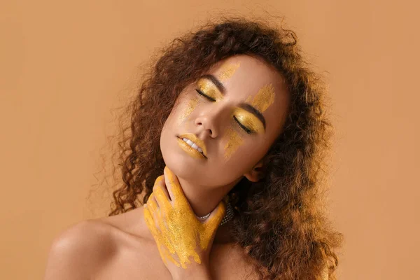 Beautiful Young Woman Yellow Paint Her Face Body Color Background — Zdjęcie stockowe