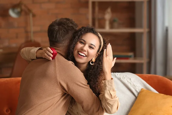 Happy Young Engaged Couple Home — Stock Photo, Image