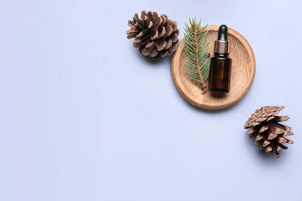 Composition Bottle Essential Oil Pine Cones White Background — 图库照片