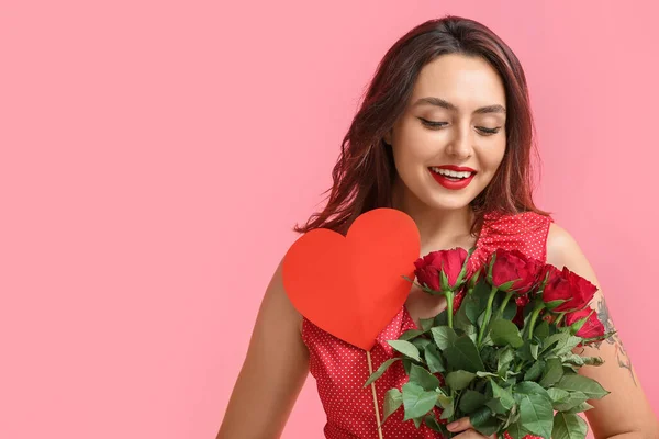 Beautiful Young Woman Red Heart Flowers Color Background Valentine Day — Stock Photo, Image