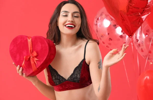 Sexy Young Woman Balloons Gift Color Background Valentine Day Celebration — 图库照片