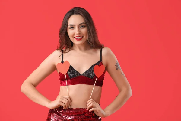 Sexy Young Woman Red Hearts Color Background Valentine Day Celebration — 图库照片