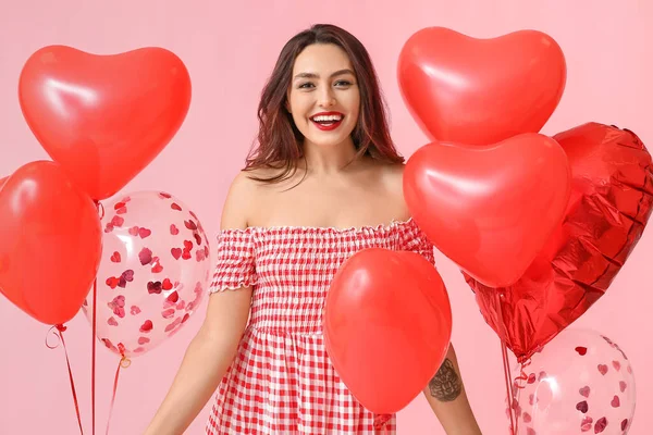 Beautiful Young Woman Balloons Color Background Valentine Day Celebration — Stock Photo, Image