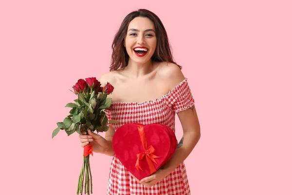 Beautiful Young Woman Gift Flowers Color Background Valentine Day Celebration — Zdjęcie stockowe