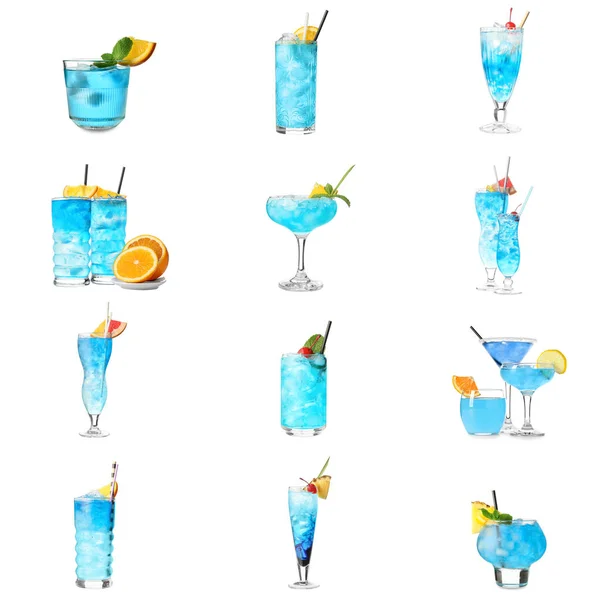 Ποτήρια Blue Lagoon Cocktail Λευκό Φόντο — Φωτογραφία Αρχείου