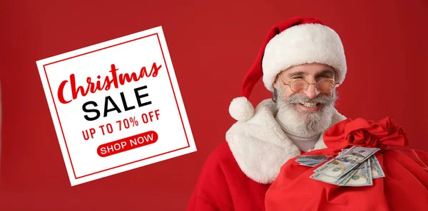 Santa Claus Bag Money Gift Cards Red Background Christmas Sale — 스톡 사진