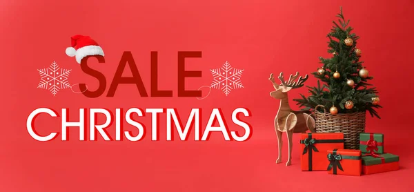 Wooden Reindeer Christmas Tree Gifts Red Background Christmas Sale — 스톡 사진