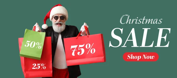 Cool Santa Claus Leather Jacket Shopping Bags Green Background Christmas — 스톡 사진