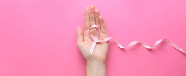 Hand Pink Ribbon Color Background Space Text Breast Cancer Awareness — Stock Photo, Image