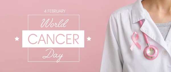 Doctor with pink ribbon on color background. World Cancer Day