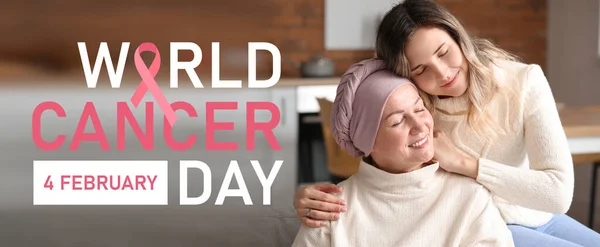 Daughter Visiting Her Mother Chemotherapy Home World Cancer Day — Zdjęcie stockowe