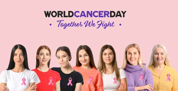 Group Women Pink Ribbons Color Background World Cancer Day — Zdjęcie stockowe