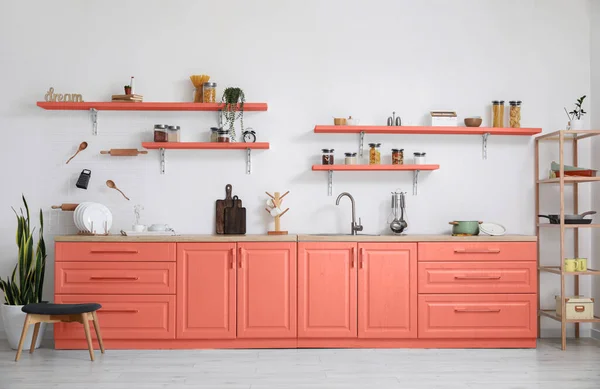 Interior Light Kitchen Coral Furniture Utensils — Stock Photo, Image