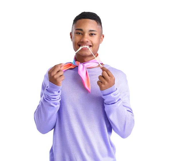 Young African American Guy Violet Clothes Chewing Gum White Background — стоковое фото