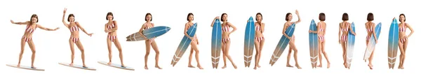 Beautiful Woman Surfboard White Background — 스톡 사진