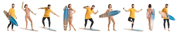 Junge Männer Und Frauen Mit Surfbrettern Auf Weißem Hintergrund — Stockfoto
