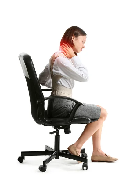 Young Businesswoman Back Brace Suffering Pain Neck While Sitting Chair — Stock Photo, Image