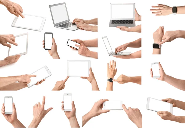 Hands Different Modern Devices White Background — стоковое фото