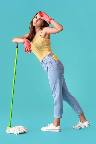 Tired Young Woman Floor Mop Blue Background — Stock Photo, Image
