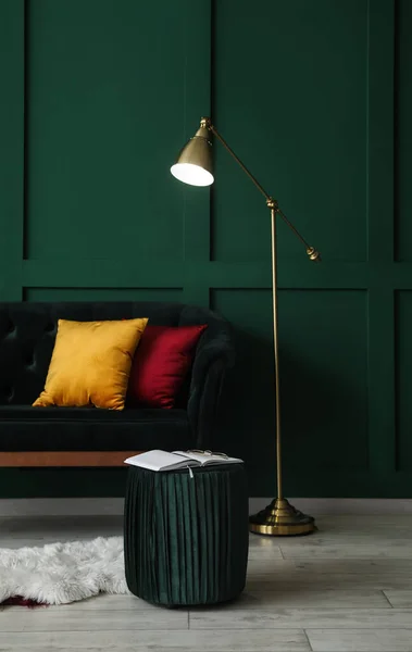 Modern Interior Stylish Couch Green Wall — 图库照片
