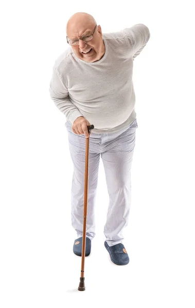 Senior Man Walking Stick Suffering Back Pain White Background — Fotografia de Stock