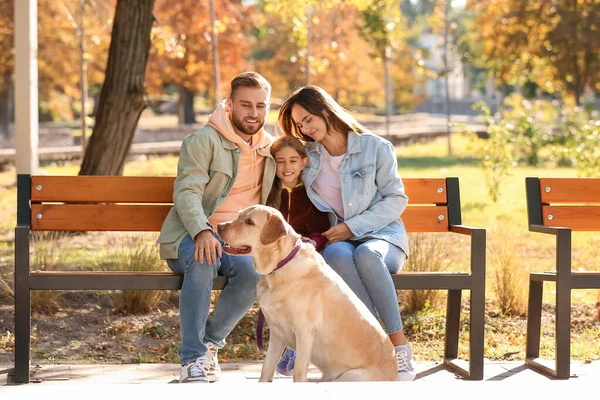Happy Family Labrador Dog Sitting Bench Park — Stock Photo, Image