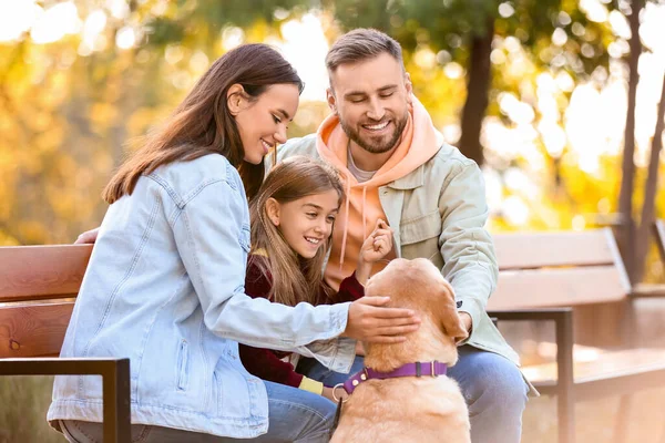 Familia Feliz Con Divertido Perro Labrador Sentado Banco Parque —  Fotos de Stock