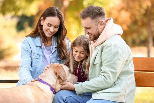 公園のベンチに座っている愛らしいラブラドール犬と幸せな家族 — ストック写真
