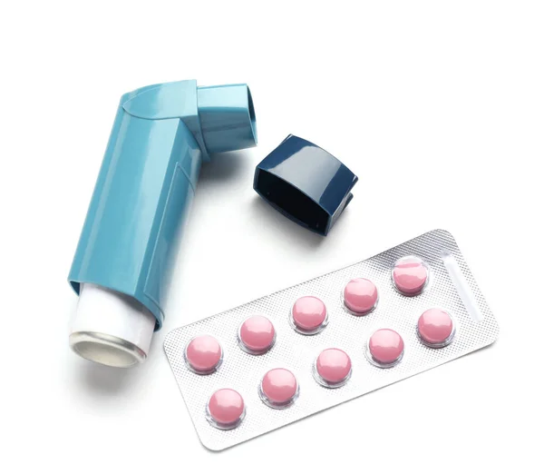Modern Asthma Inhaler Blister Pack Pills White Background — Stock Fotó