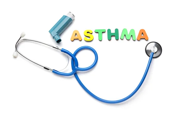 Modern Inhaler Stethoscope Word Asthma White Background — Fotografia de Stock