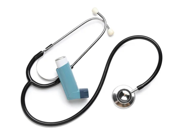 Asthma Inhaler Stethoscope White Background — Stock Photo, Image