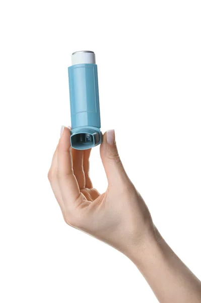 Vrouwelijke Hand Met Astma Inhalator Witte Achtergrond — Stockfoto