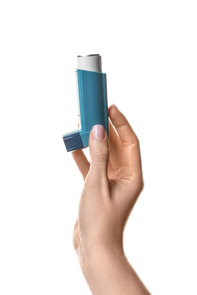 Woman Holding Modern Asthma Inhaler White Background — Stock Photo, Image