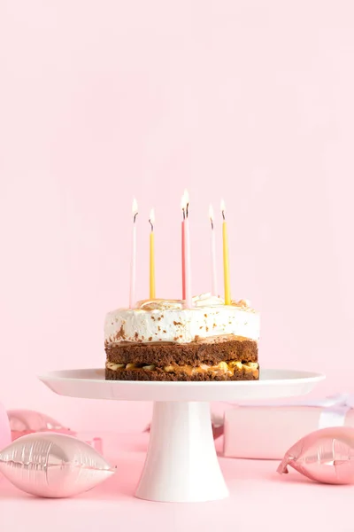 Stand Tasty Birthday Cake Balloons Pink Background — ストック写真