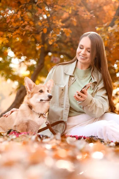 Young Woman Mobile Phone Cute Corgi Dog Sitting Plaid Autumn — ストック写真