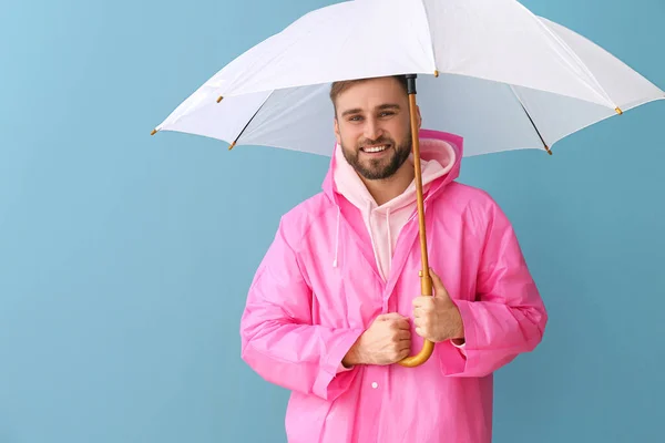 Young Man Stylish Raincoat Umbrella Color Background — Stock Photo, Image