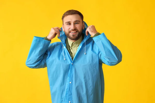Young Man Stylish Raincoat Color Background — Stock Photo, Image