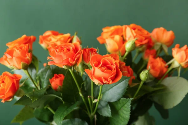 Bouquet Beautiful Orange Roses Green Background — Stock Photo, Image